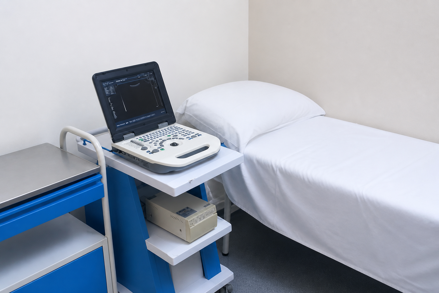 Ultrasound exam room with machine and examination bed